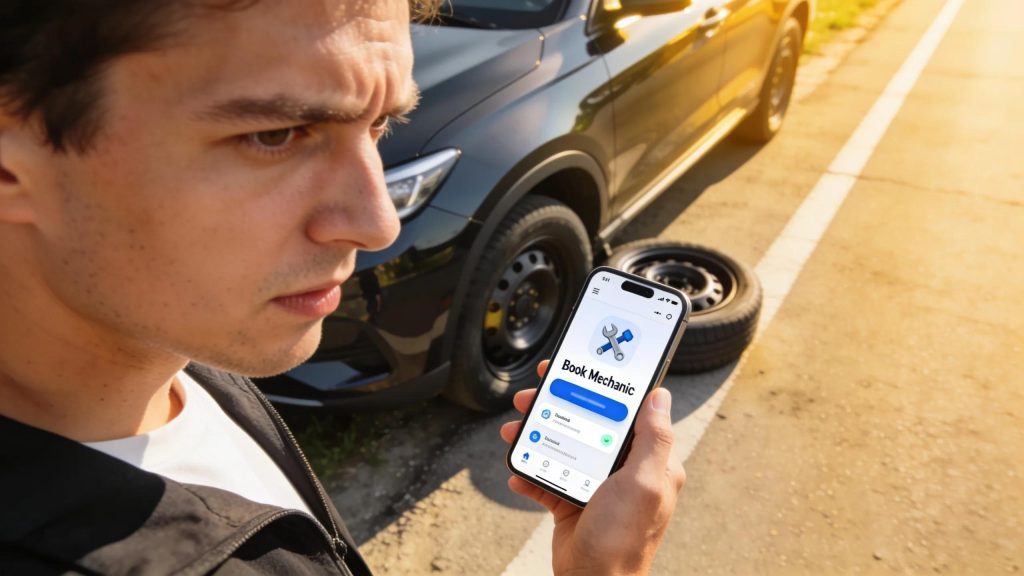Driver using a mobile app to book an emergency mobile mechanic on a roadside