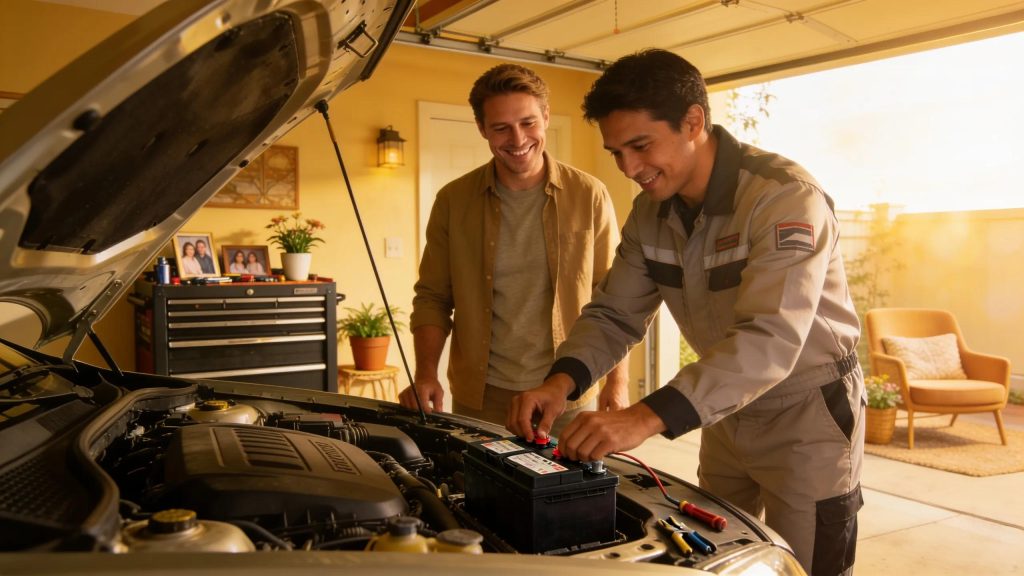 Vehicle owner enjoying the convenience of on-site mobile repair service, highlighting the advantages and satisfaction of mobile mechanics