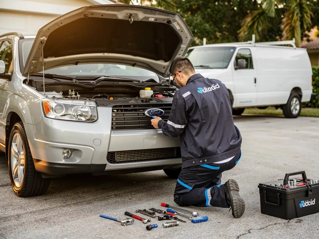 Mobile mechanic repairing a car in a Broward County driveway