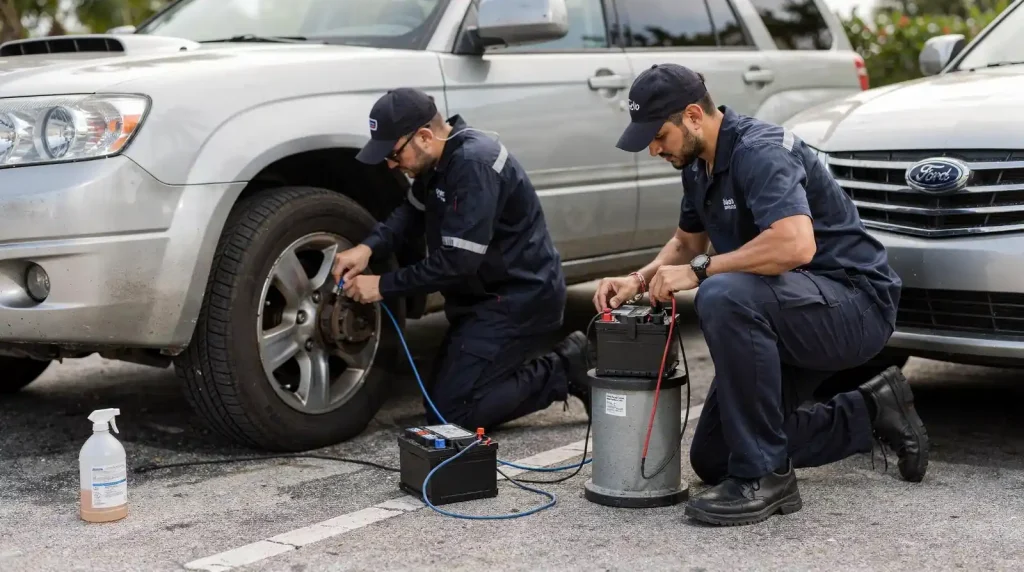 Brake services offered on-site include pad replacement and fluid changes.; Battery service on-site includes quick